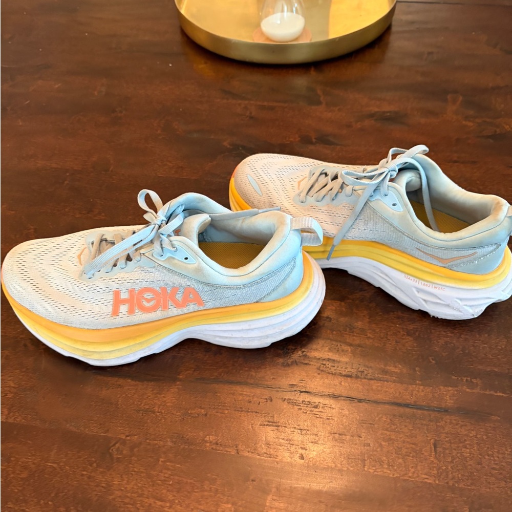 Hoka Bondi 8 size 8.5 WIDE-Light Gray with Yellow Midsole and Coral Accents - Picture 3 of 9